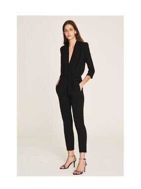 BA&SH Cycy V-Neck Jumpsuit 29" / Medium / Black Crepe Long Sleeve Formal Work